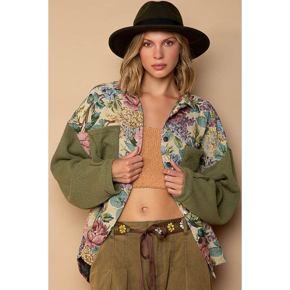 POL Cream & Olive Size Medium Button Down Floral Jacquard Shirt Jacket